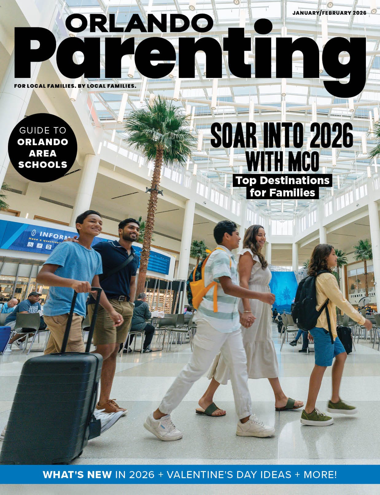 Orlando Parenting, January/February 2026 — a family walking through Orlando International Airport