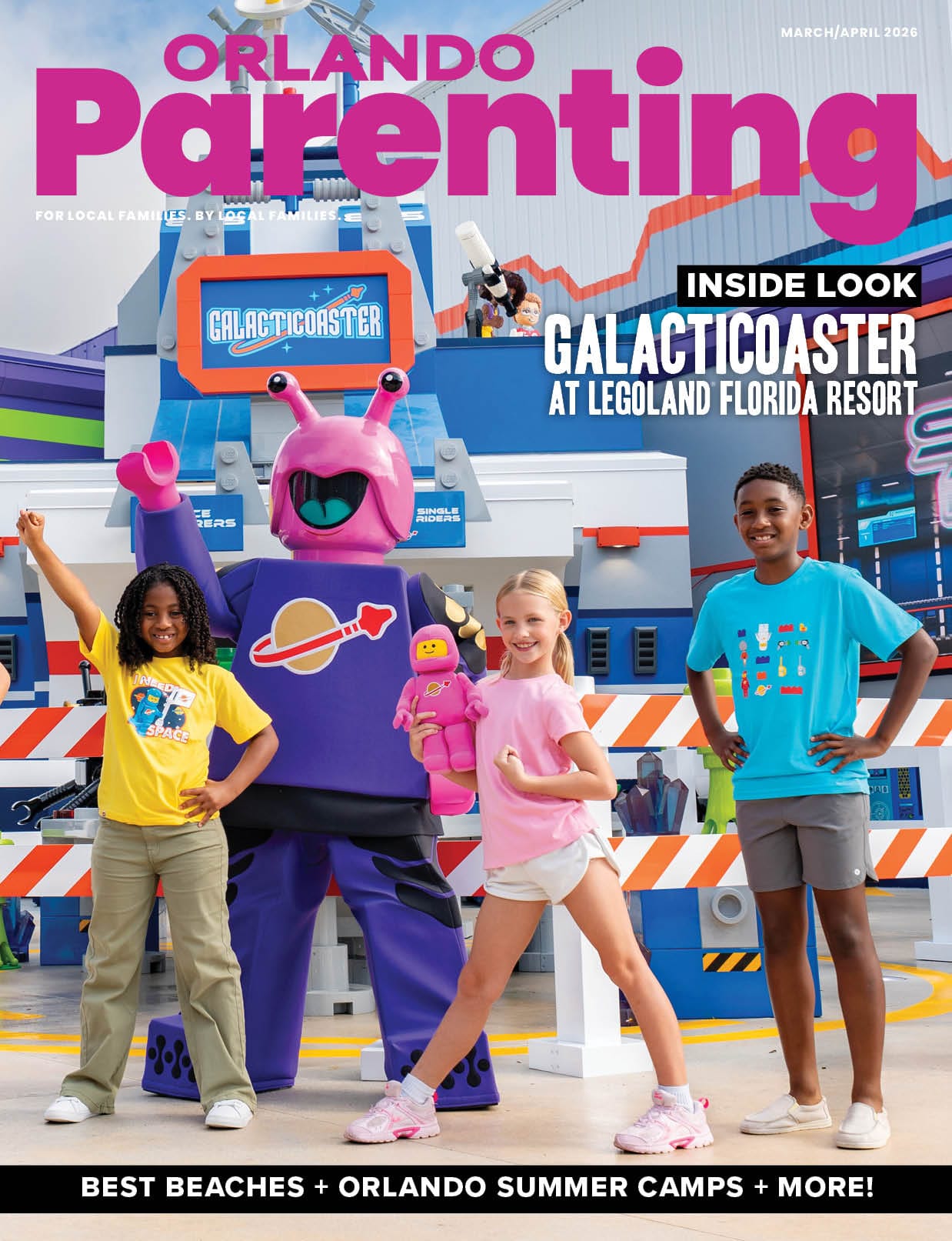 Orlando Parenting, March/April 2026 — children with a LEGO alien at GalactiCoaster
