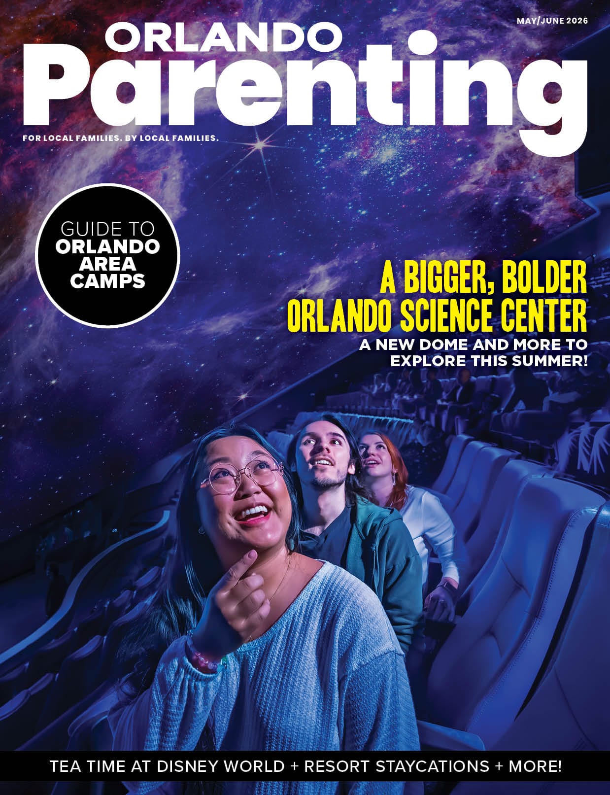 Orlando Parenting, May/June 2026 — visitors under the new dome at Orlando Science Center