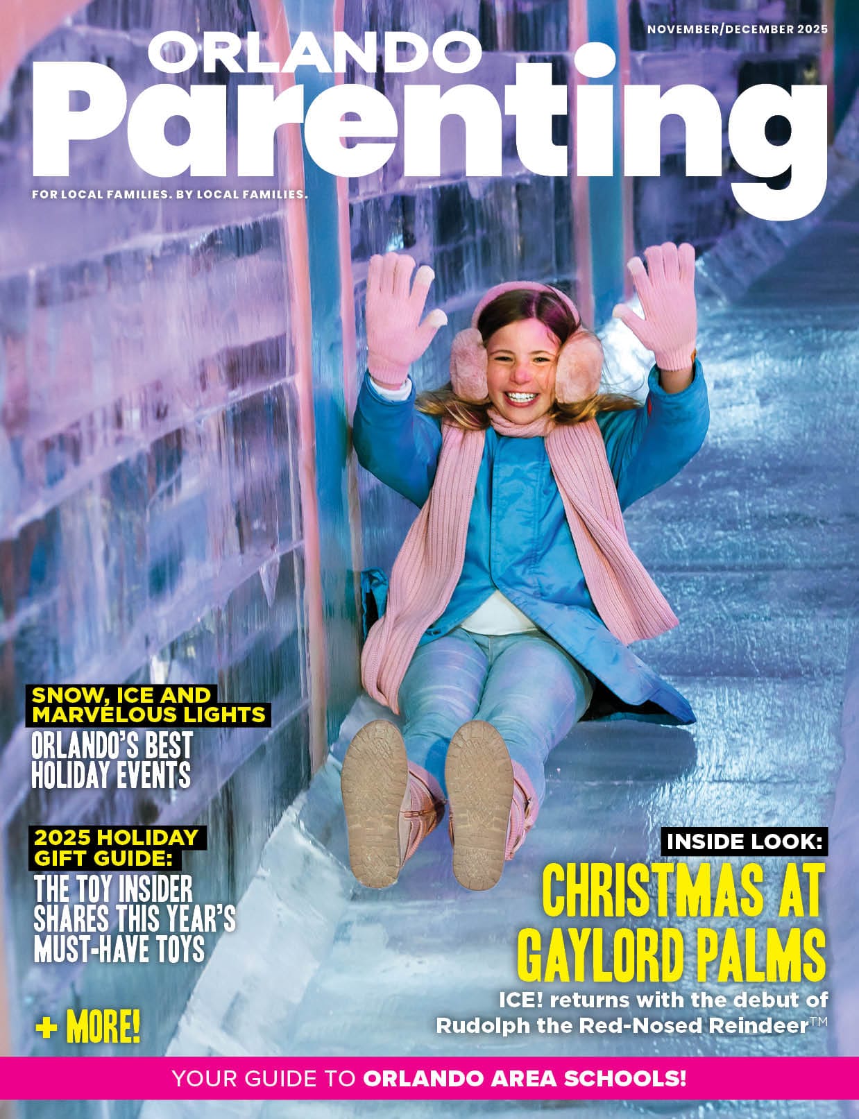 Orlando Parenting, November/December 2025 — a child on an ice slide at ICE! at Gaylord Palms