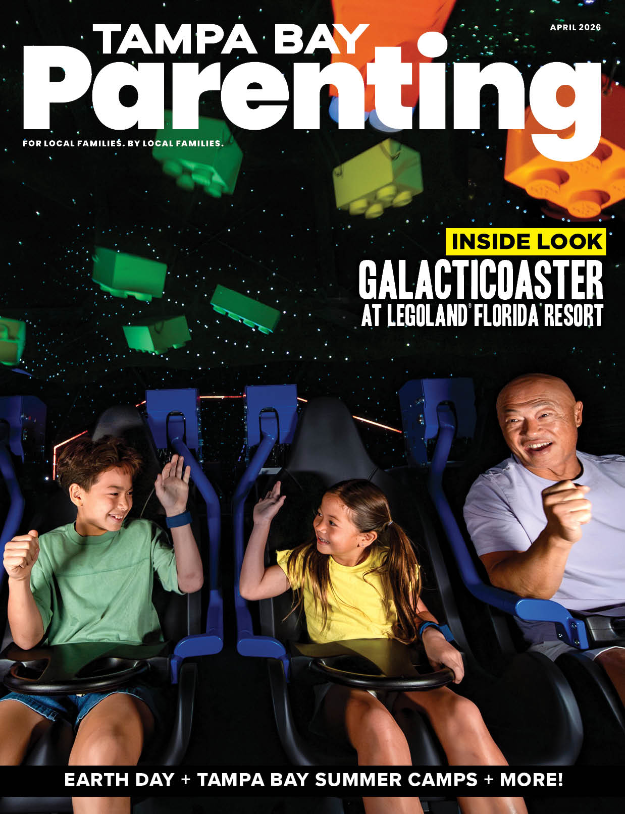Tampa Bay Parenting, April 2026 — a family riding GalactiCoaster at LEGOLAND Florida