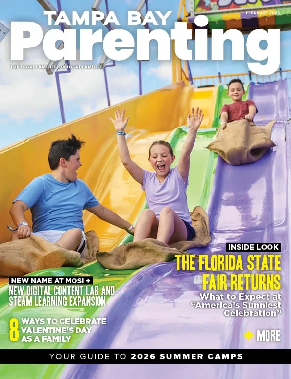 Tampa Bay Parenting, February 2026 — children riding burlap sacks down a slide at the Florida State Fair